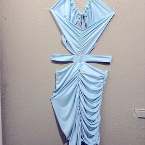 Elegant Sky Blue Backless Ruched Dress